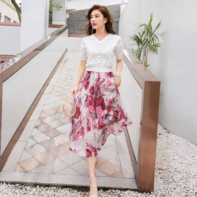 

WOMEN'S Suit 2019 Summer New Style Korean-style Ladies' Elegant Knitted T-shirt High-waisted Floral Pleated Skirt Two-Piece Set