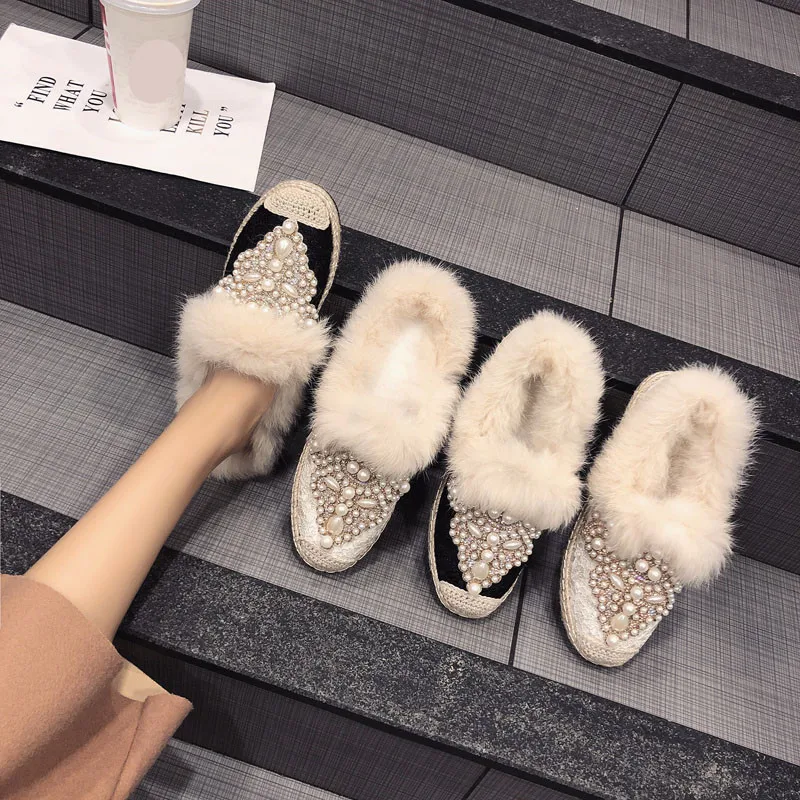 

Shoes Women Loafers Slippers Fur String Bead Slides Low Soft Plush Flat 2019 with fur Rubber PU Short Low Loafers Shoes