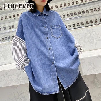 

CHICEVER Patchwork Denim Hit Color Shirt For Women Lapel Collar Batwing Sleeve Oversize Loose Casual Blouse 2020 Fashion New