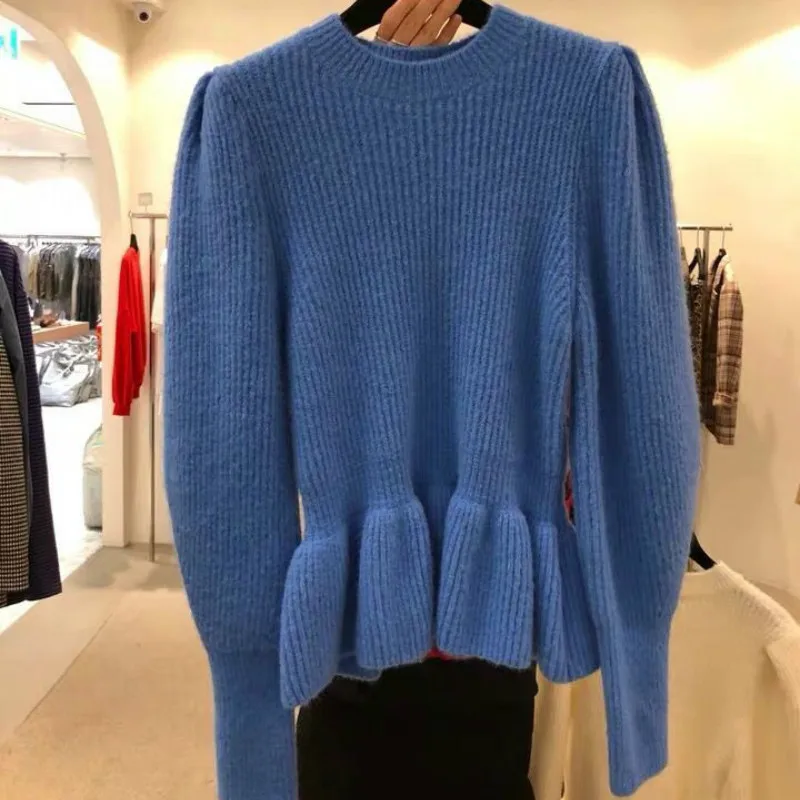 Neploe, карамельный цвет, Толстый Пуловер, Femme Hiver, с оборками, дизайн, с пышными длинными рукавами, вязаный джемпер, свитер, пуловер с круглым вырезом, Sueter 48181