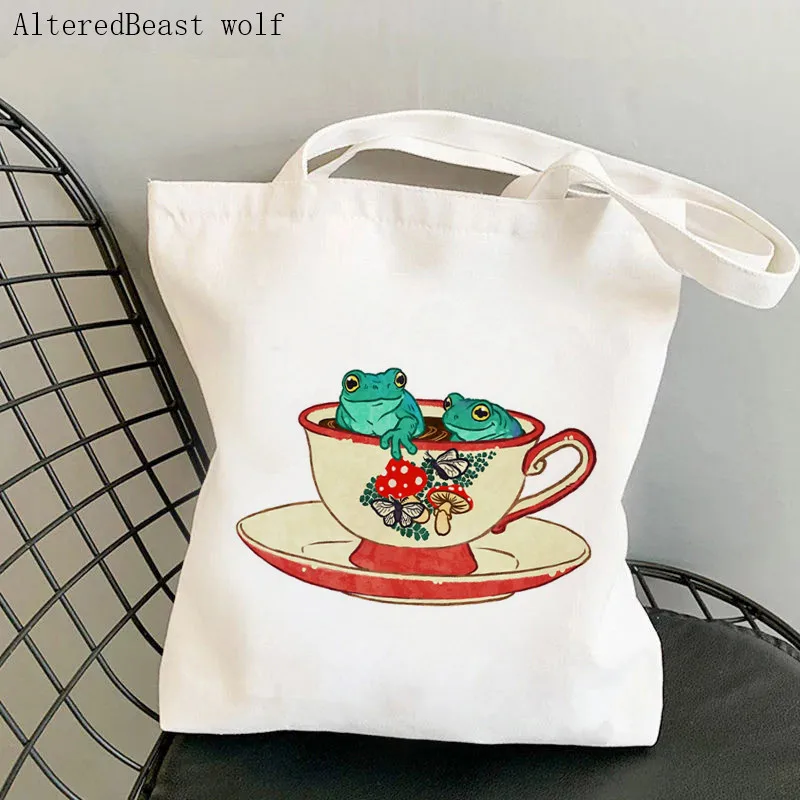 

Women Shopper bag Tea Cup mushroom Printed Kawaii Bag Harajuku Shopping Canvas Shopper Bag girl handbag Tote Shoulder Lady Bag