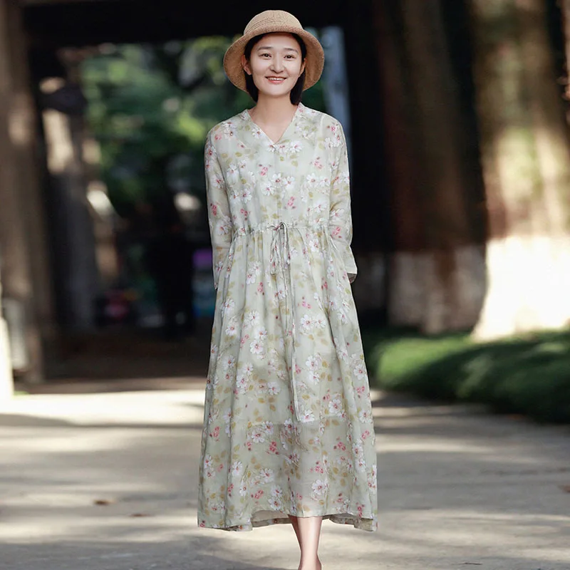 

Spring Loose Plus Size V-neck Nine Points Sleeve Retro Dress 2020 New Simple Comfortable Floral Print Women Dresses