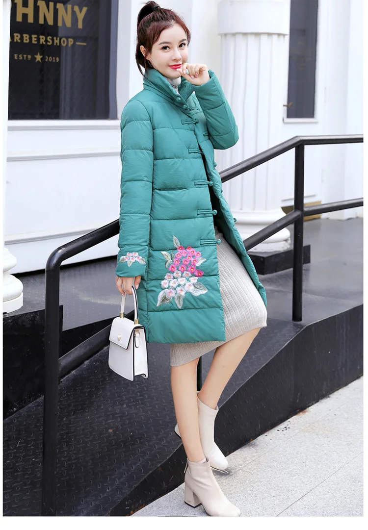 Winter New Style Retro Chinese-style Embroidered Mid-length Cotton-padded Clothes Fashion WOMEN'S Dress Versatile Slimming
