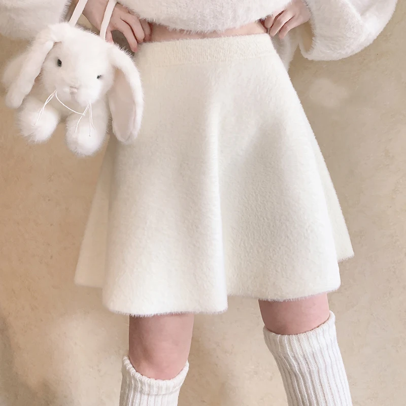 Winter Fuzzy A Line Beige Knit Skirt Women Petticoat Vintage Flare High Waist Cute Girls Soft Lolita Korean Fashion Mini Skirts 1 pair winter kids mittens warm thick gloves girls boys children s mittens knitted cute cartoon half finger flip cover gloves