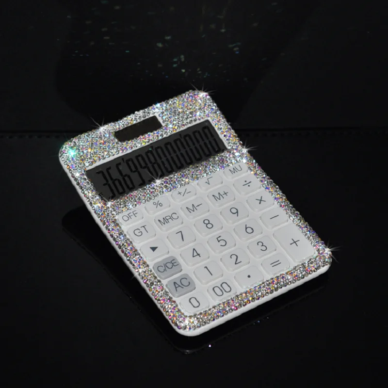 Shiny Ultra-thin Portable Diamond Calculator Mini Women Cute Crystal Plastic 12 Digit Dual Power Solar Office Business Supplies