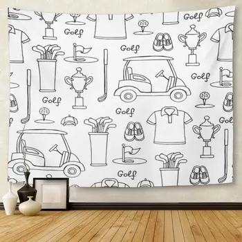 

Black Drawn with Symbols of Golf on White Color Pattern The Hobby Game Recreation for Design Site Hand Tapestry Wall Hanging