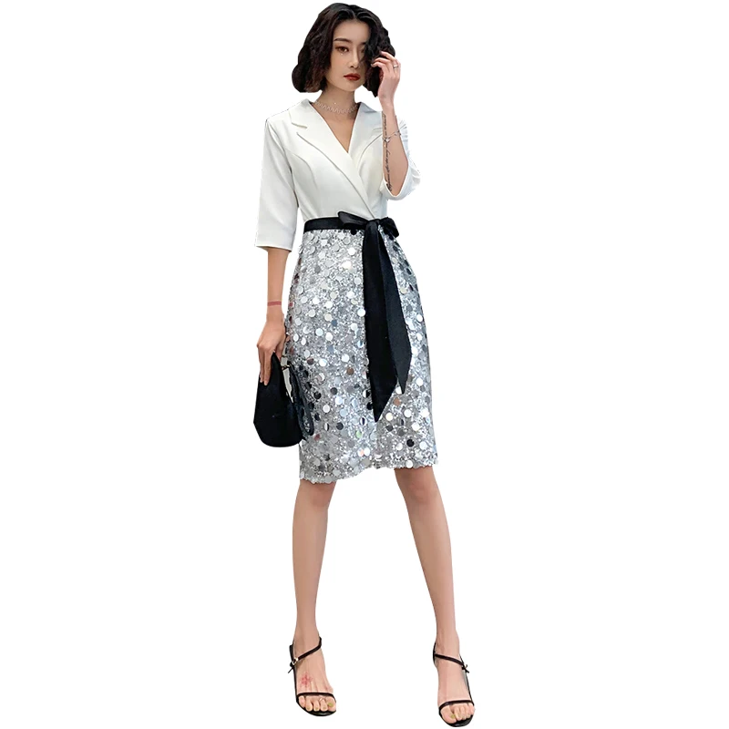 

Evening Dress Sexy Deep V-neck Sequin Women Party Dresses Elegant Robe De Soiree Three Quarter Sleeveless Formal Gowns 2019 F063