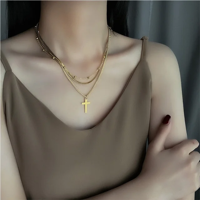 2 pcs modern minimalist style cross pendant with thick snake shaped chain  side chain necklace set for men's daily life | SHEIN UK