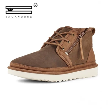 

Australian brand snow boot for men lace-up winter shoes real sheepskin leather nature wool fur ankle short boots free shipping