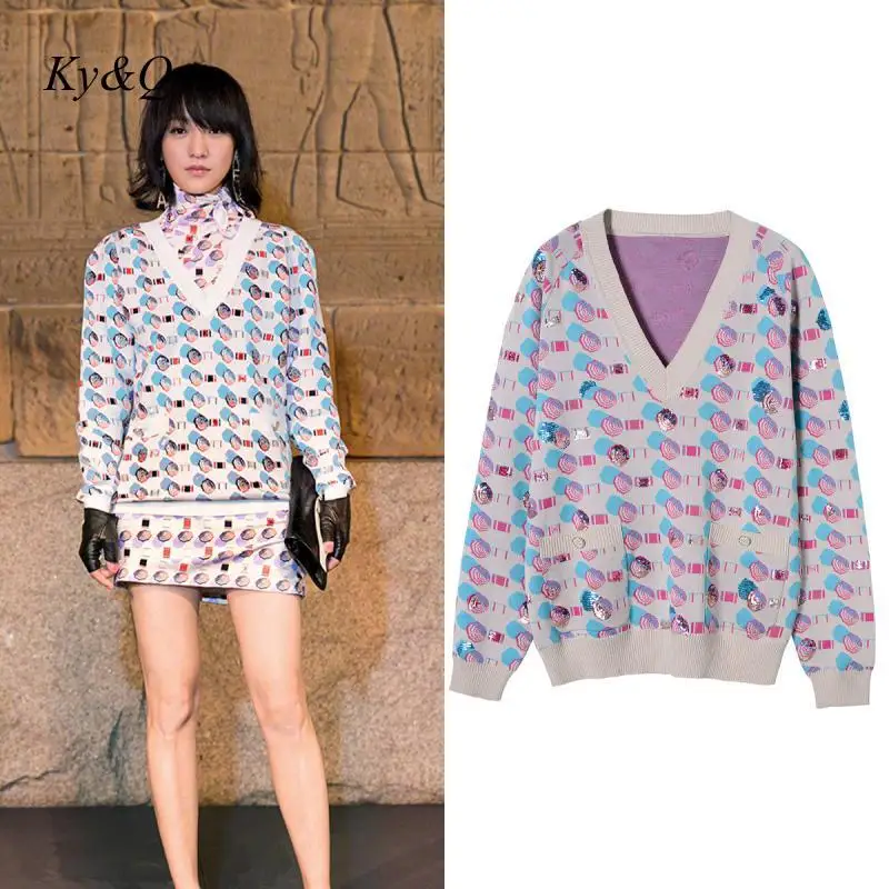 

2019 NEW Women High Quality Brands Designer Spring Autumn Sequined embroidery V-neck knit pullover