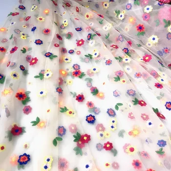 

Korean style allover colorful embroidery flowers lace fabric, tulle mesh embroidered lace girls clothing diy making material