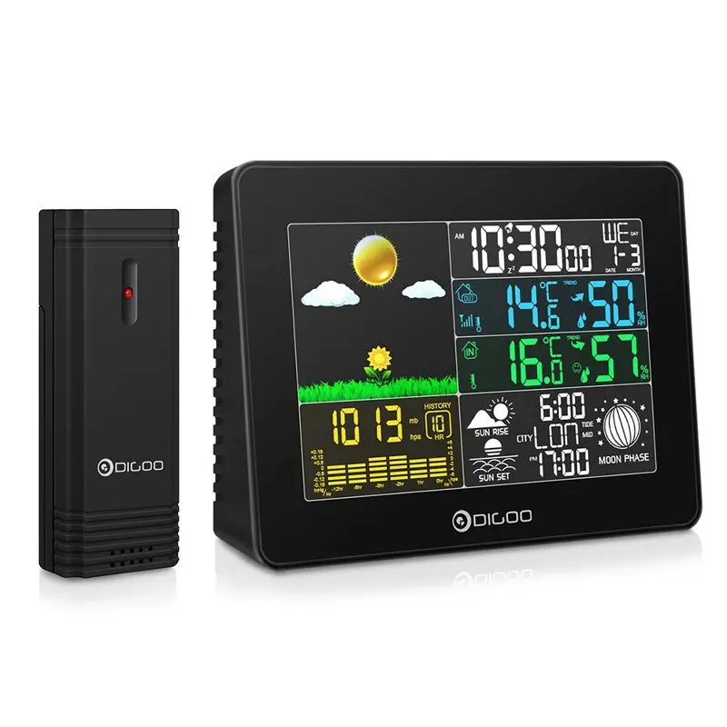 Digoo DG-TH8868 Цифровая метеостанция Беспроводная+ крытый Открытый датчик температуры инструменты гигрометр термометр часы - Цвет: Черный