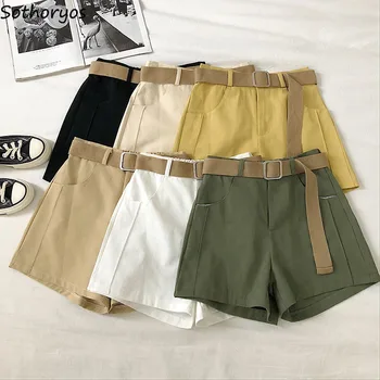 

Shorts Women High-waists Sashes Solid Elastic-waist Spring Simple Fashion Leisure Students All-match Elegant Femme Khaki Vintage