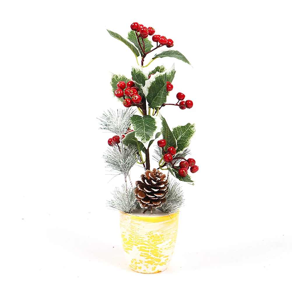Mini Christmas Tree Ornament Sticky White Pine Needle Desktop Ornament Simulation Pine Cone Berry Decorations for Home Office O