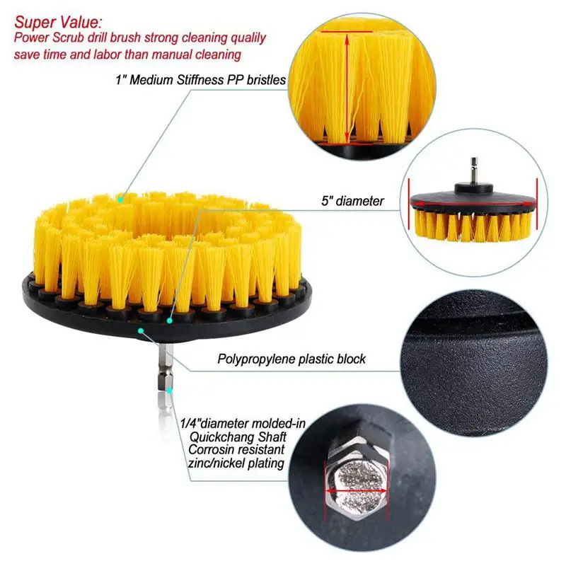 5PCS 2 inch 3 inch 4inch 5inch Drill Brush Soft Medium Bristle Scrub Attachments Cleaning Kit-Great for Cleaning Glass Tile Floo