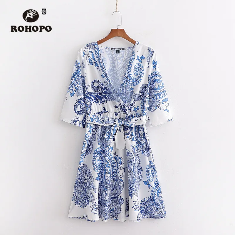 ROHOPO небесно-голубое платье-кимоно с коротким рукавом и поясом, винтажная туника с цветочным принтом, элегантное женское платье#2365