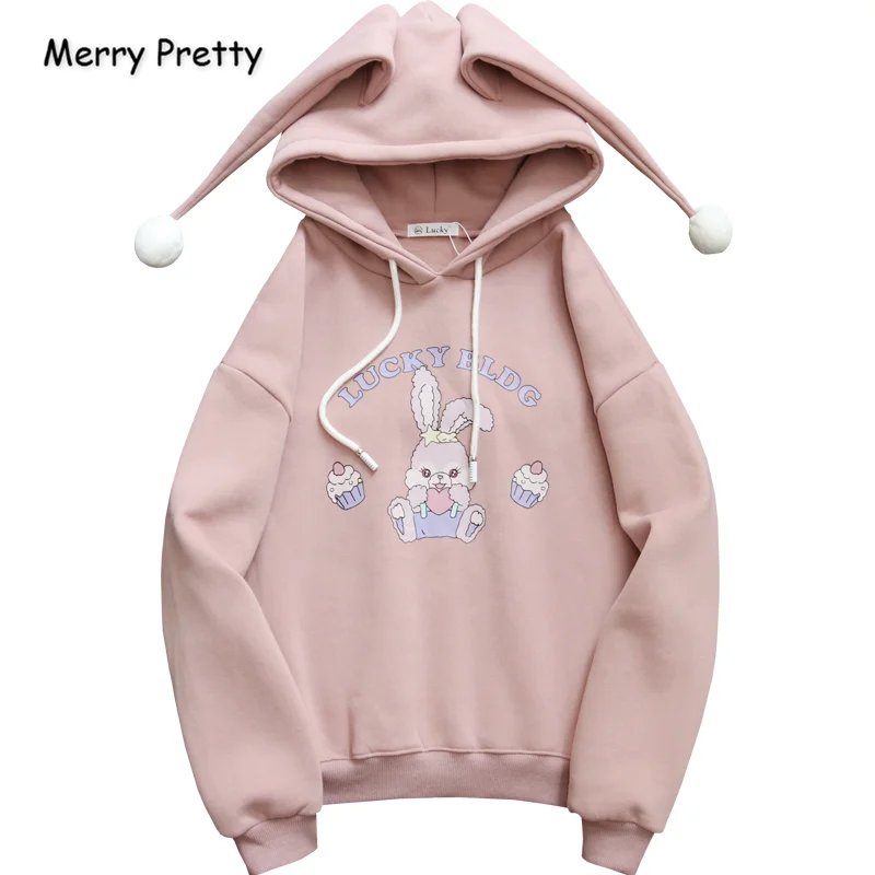 MERRY PRETTY женские толстовки с капюшоном и принтом кролика из мультфильма с ушками на капюшоне, толстовки с капюшоном, новинка, милый стиль, свободный спортивный костюм для девочек