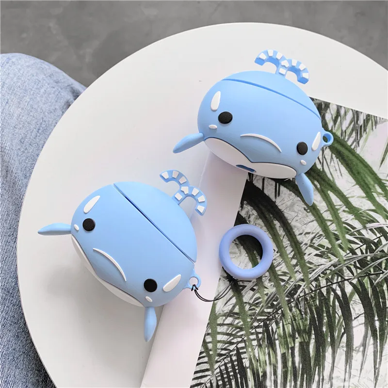 3D Милые Мультяшные чехлы для наушников с голубым китам Apple Airpods 1/2 силиконовые