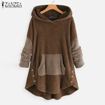 

Women's Pacthwork Hoodies 2020 Winter Hooded Sweatshirts Fluffy Coats Fashion Female Fleece Pullovers Outwears Plus Size Tunic