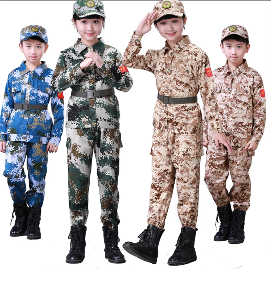 Детская армейская Военная униформа, одежда для солдат для мальчиков, Детская тренировочная камуфляжная длинная куртка+ штаны+ шляпа+ пояс, комплект армейской одежды