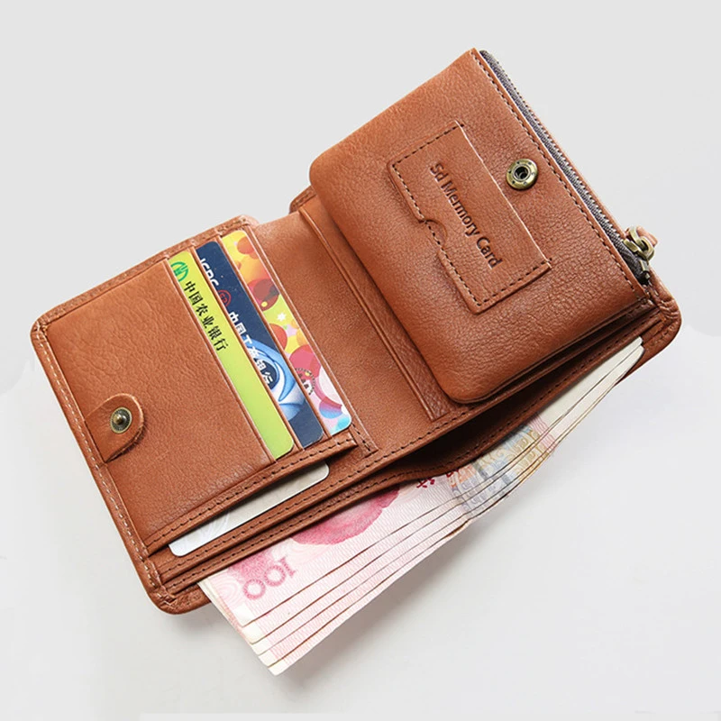 

Genuine Leather Wallet For Men Male Cowhide Luxury Vintage Mens Short Bifold Purse Card Holder With Zipper Coin Pocket Money Bag