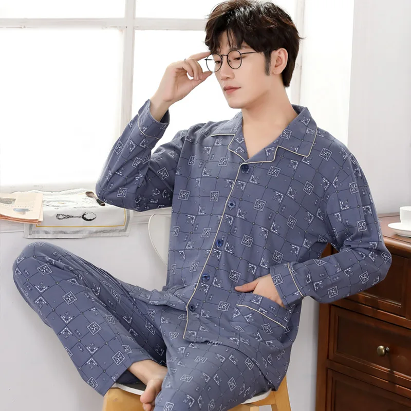 Winter Cotton Pajamas Set for Men Lounge Sleepwear 2022 Pijamas Hombre Algodon Invierno Pj Home Clothes Grey Plaid Pyjama Homme cotton pj set Pajama Sets