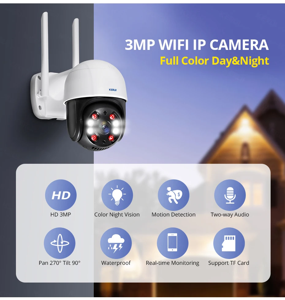 KERUI-Cámara de seguridad de exterior resistente al agua, domo ip inalámbrica, impermeable, 3 mp, wifi, 4x, PTZ, zoom digital, onvif, cctv, para el aire libre, ideal hogar y vigilancia