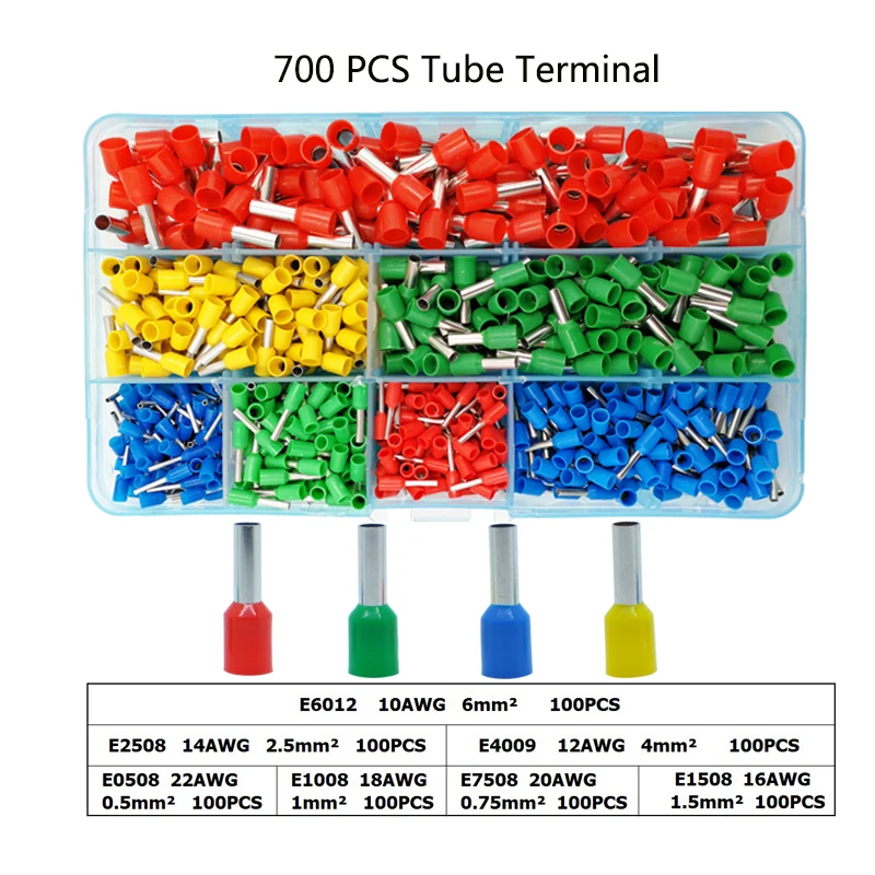 

700 Pcs Electrical connectors for wire and cable crimp terminals pressed sleeve type pre-insulated terminal 0.5-6mm2 AWG22-10