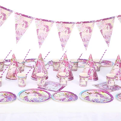 Единорог фиолетовый милый мультфильм животных Тема посуда для вечеринки в честь Дня Рождения украшения для мальчиков и девочек одноразовые вечерние принадлежности
