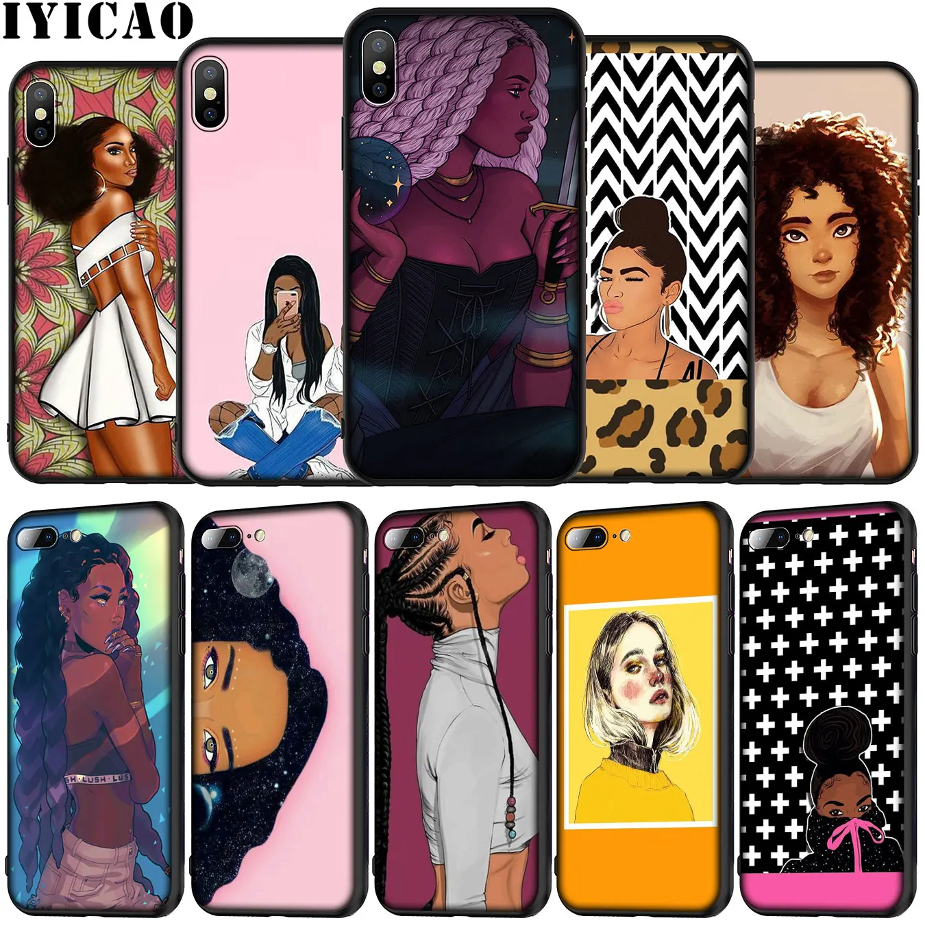 IYICAO Beautiful Afro Girl Soft Silicone Phone Case for iPhone 12 Mini XR X XS 11 Pro Max 5 5S SE 6 6S 7 8 Plus Black TPU Cover | Мобильные