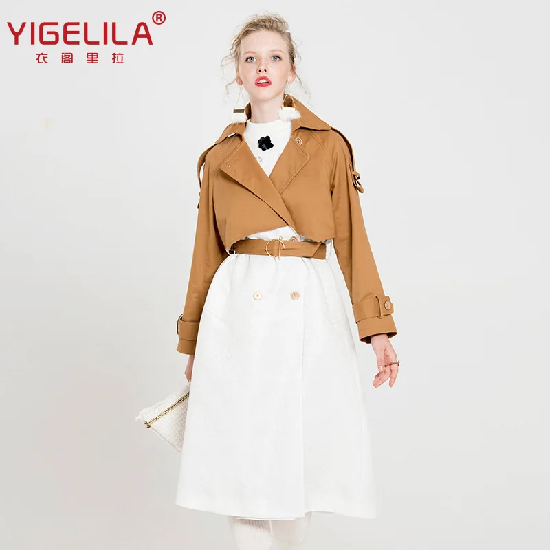 Yigelila2017 осень и зима стиль элегантный костюм воротник шнуровка Талия обнимает средней длины контрастный цвет Тренч пальто 9686