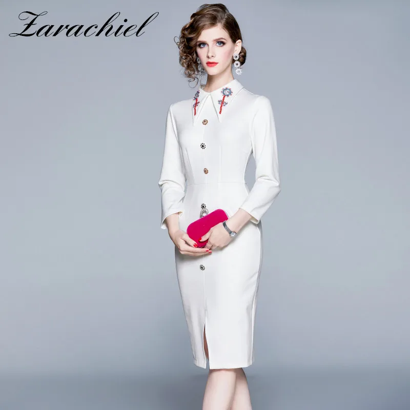 Осеннее винтажное платье до колен с вышивкой бисером воротником пуговицами и