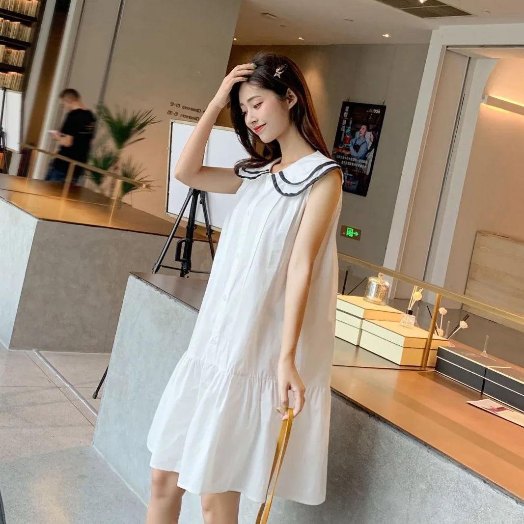 

Photo Shoot CHIC by Age Maternity Clothes Mixed Colors Peter Pan Collar White Mid-length Single Breasted Flounced A- line Dress