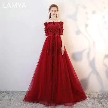 

LAMYA Lace Applique with Flowers Evening Dresses Elegant Beading Boat Neck Party Dress Court Train Prom Gown Vestido De Festa
