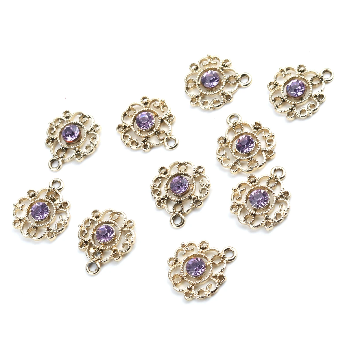 

Zinc Based Alloy Charms Hollow Flower Pendants Gold Color Purple Rhinestone 17*15mm For DIY Necklace Earring Jewelry, 10 PCs