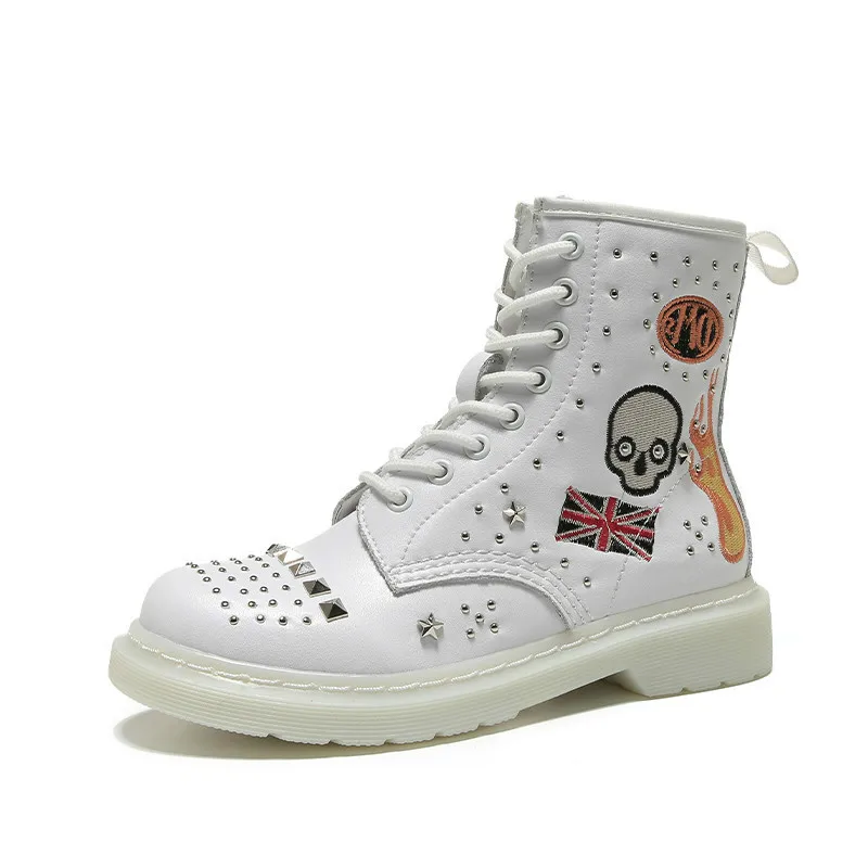 

Fashion Rivet Skull Autumn Ankle Boots Lace Up Platform Motorcycle Boots Women Military Riding Genuine Leather Boots Mujer