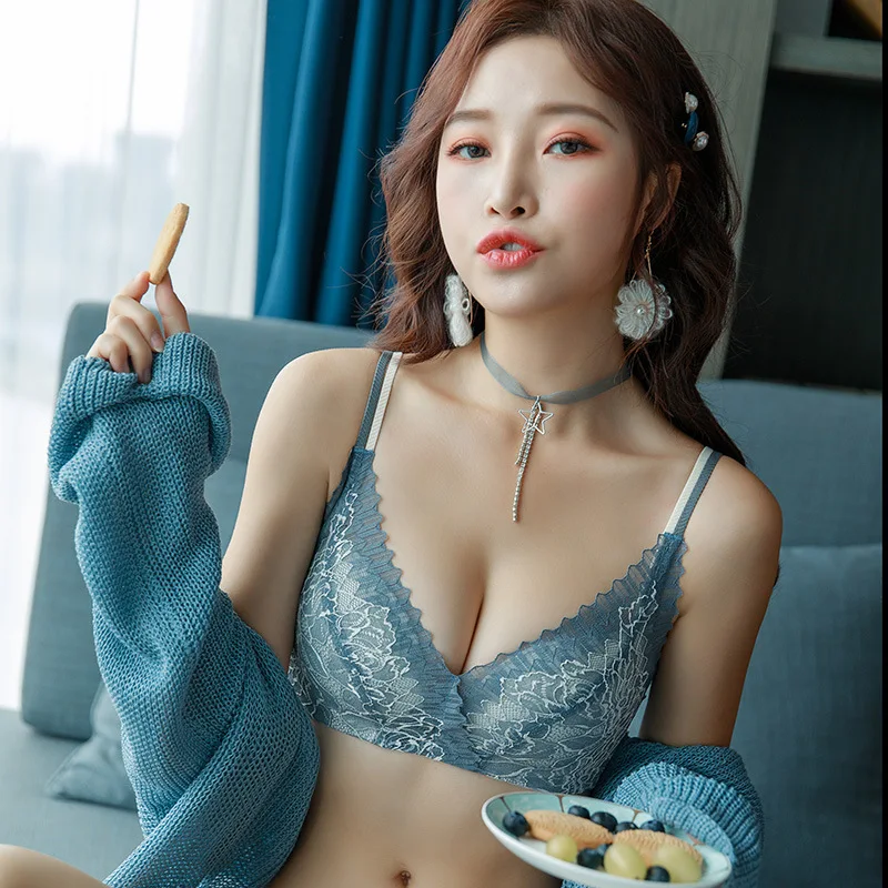 Unlined Knit Embroidery Breathable Comfy Lace Lingerie Women Heighten Side Wire Free Bras Seamless Push Up Demi Brassiere