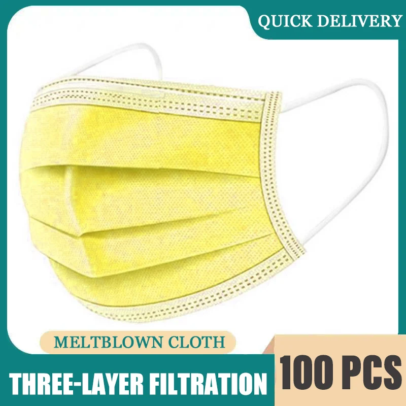 10/50/100 pces descartável não-tecido três-camada máscara respirável com brincos elásticos adulto respirável luz máscara amarela