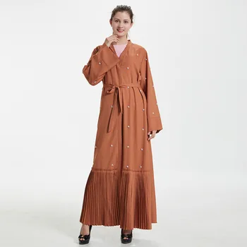 

Muslim Open Abaya Dress Women Elegant Pearl Dubai Arab Loose Open Long Robe Lace-up Ruffle Hijab Dresses Outwear Islamic Clothes