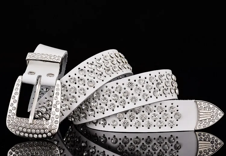 

MCLAOSI Fashion Luxury Rhinestone Genuine Leather Belts For Women Pin Buckle Belt Top Quality Second Layer Cow Skin Strap 3.3CM