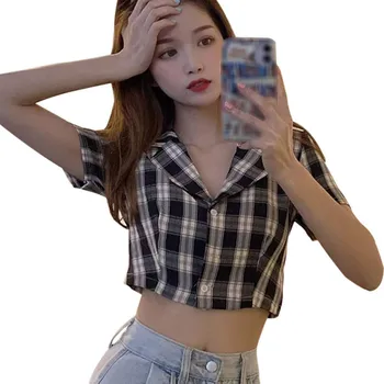 

Fashion Women's Plaid Short Shirts Ladies Notched Exposed Navel Casual Short Sleeve Blouse Tops Female Summer Clothes New