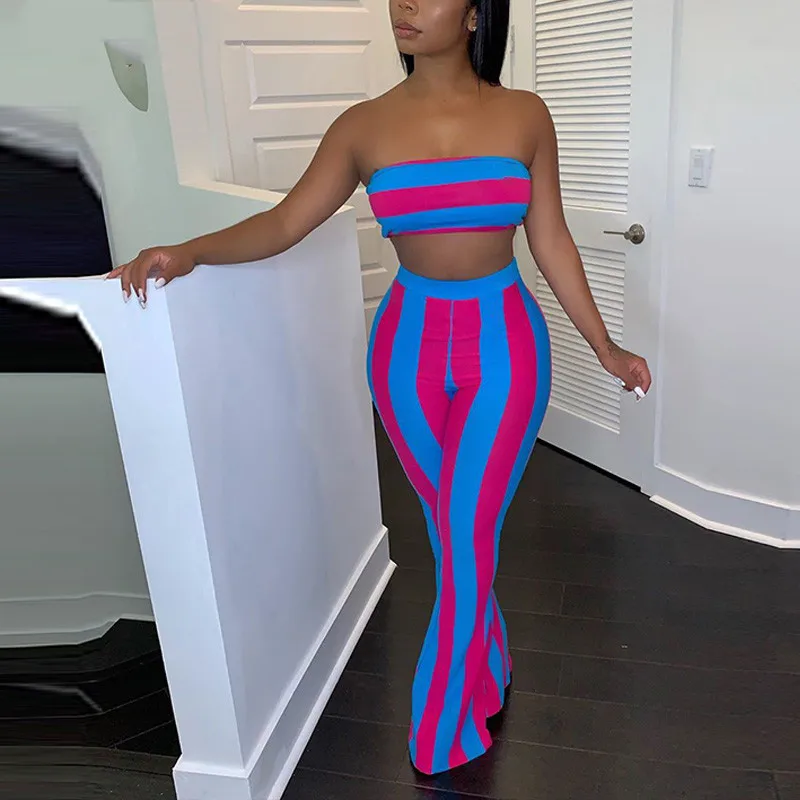 

Women Striped 2 Piece Set Women Outfits Crop Top Pants Two Pieces Sets Summer Clothes for Female Sexy Women's Suit 2021