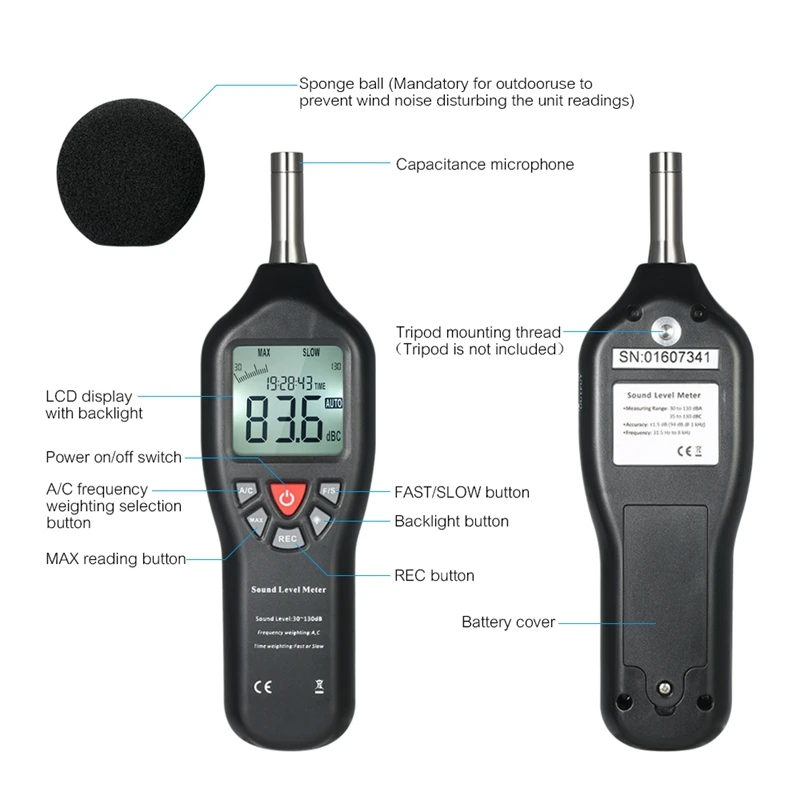 30-130Db Lcd Sound Level Decibel Meter Logger Tester Noise Measurement Time Display Auto Off Setup with Data Logging Function