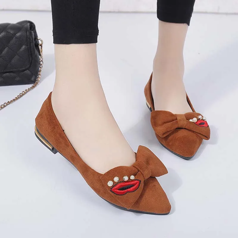

Spring Cute Mouth Boat Shoes Loafers Fashion Slip On Bow Bead Ballet Flats Sexy Pointed Toe Party Dress Shoes Woman Black Brown