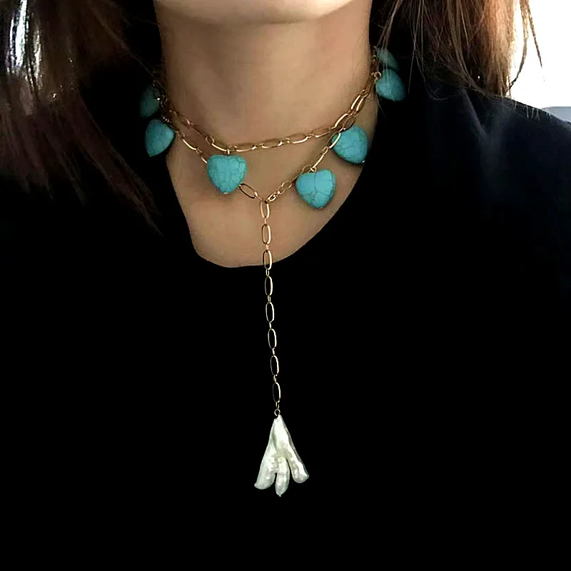 Богемное ожерелье из нержавеющей стали, ожерелье из натурального пресноводного жемчуга в стиле барокко, женское ожерелье с синим сосновым сердцем, очаровательное ювелирное изделие, новинка - Окраска металла: 1