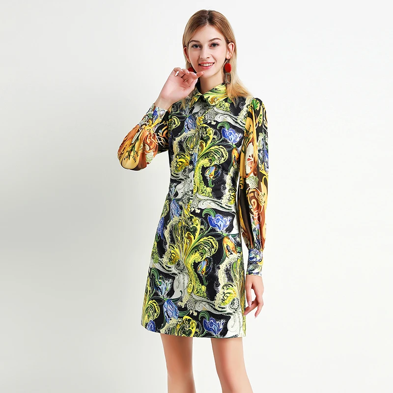 

Xiaomoli 2020 spring women's dress Lantern Sleeve runway design floral print simple elegant fit new dress