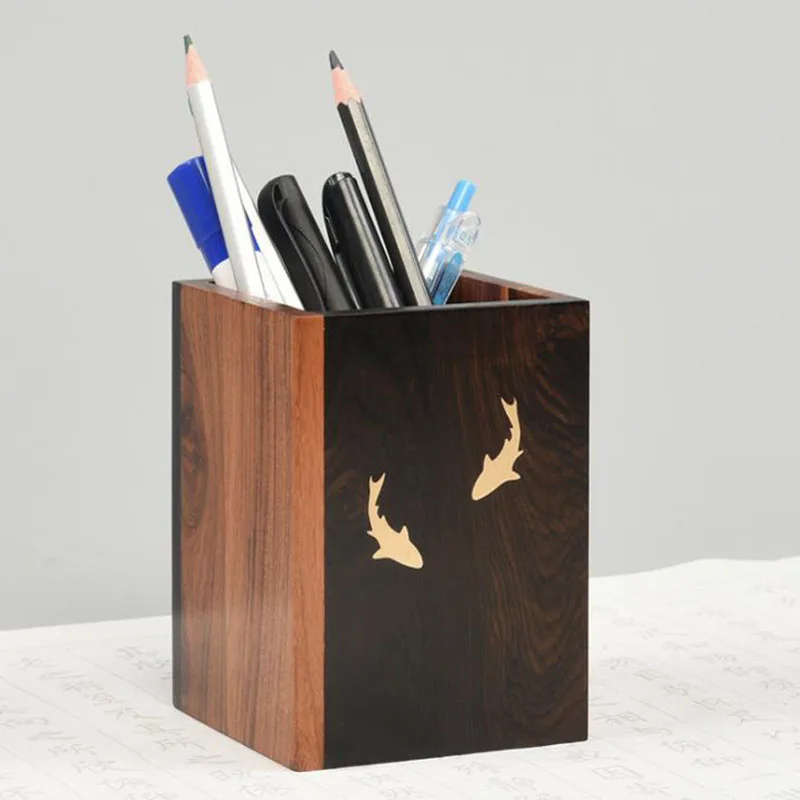 china-traditional-wooden-pen-holder-copper-fish-plated-multi-function-desk-stationery-organizer-storage-box-home-art