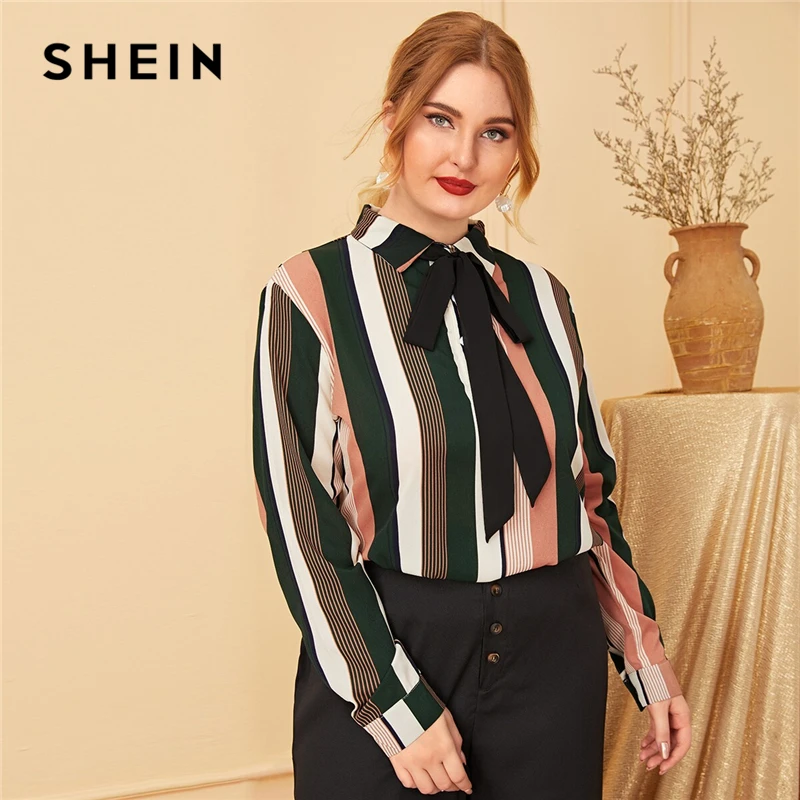  SHEIN Plus Size Multicolor Block Stripe Tie Neck Shirt Blouse Top Women Autumn Long Sleeve Elegant 