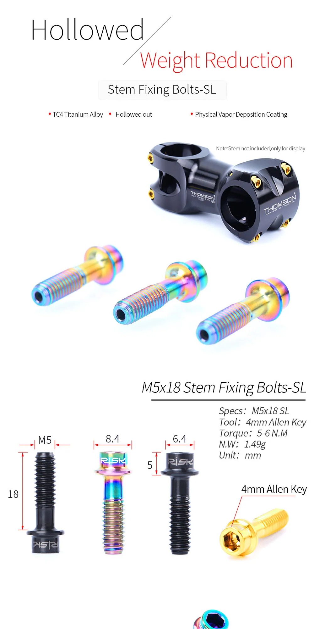 1.41g/pc 6pcs Super Light Hollowed Out Design Stem Fixing Bolts-SL M5*18 Mountain Bike Stem Screws Bolts TC4 Titanium Alloy