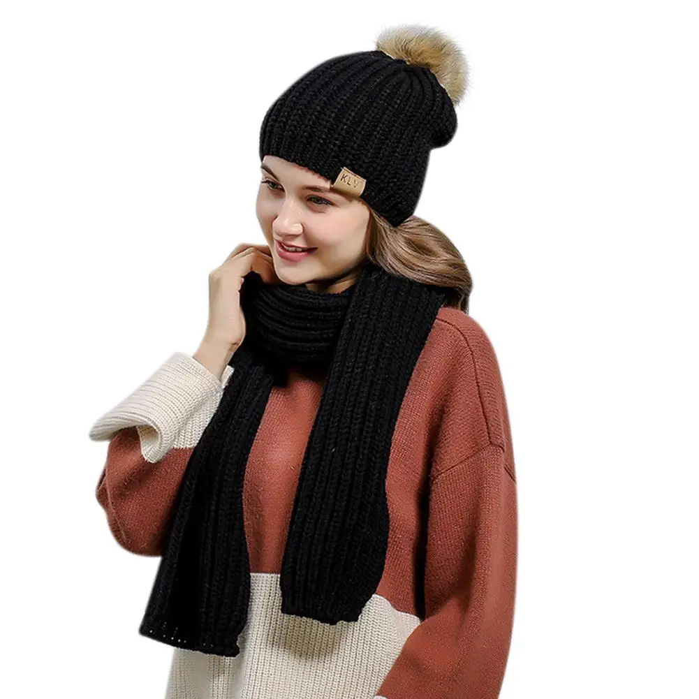 Kuulee 2PCS/Set Women High Quality Hat Woolen Knitted Cap and Scarf Suit Lady Knitted Hat Muffler Set 13cm - Color: black